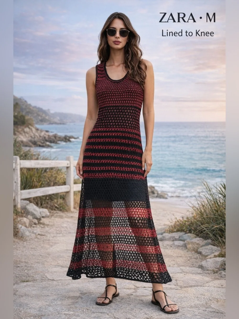 ZARA Red Black Crochet Knit Maxi Dress womens Sz medium Lined Festival vacation - Picture 5 of 10